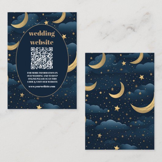 qr code Celestial Midnight Blue Stars Moon Wedding Begleitkarte (Vorne/Hinten)