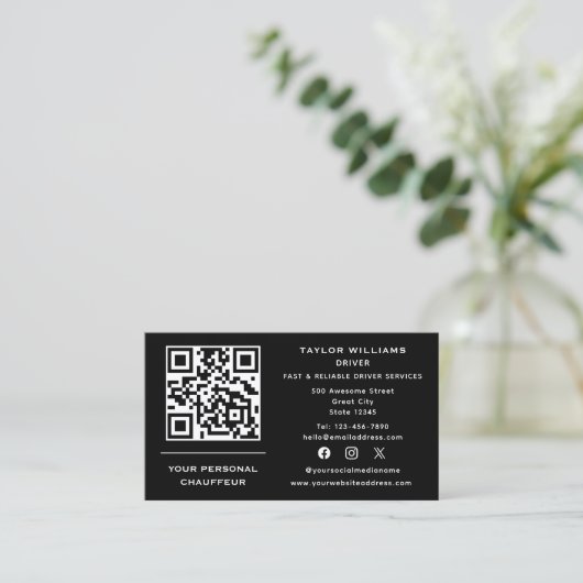 QR Code Chauffeur Service Taxi Treiber für Social  Visitenkarte (Stehend Vorderseite)