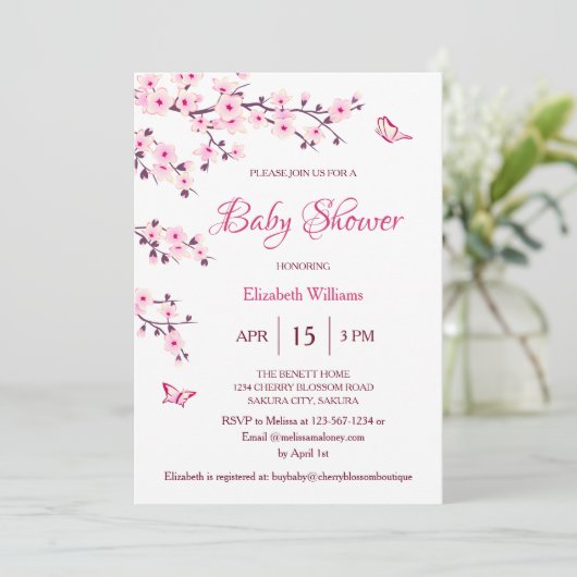 QR-Code | Cherry Blossom | Babydusche Einladung (Stehend Vorderseite)
