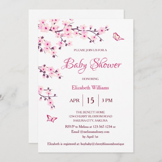 QR-Code | Cherry Blossom | Babydusche Einladung (Vorne/Hinten)