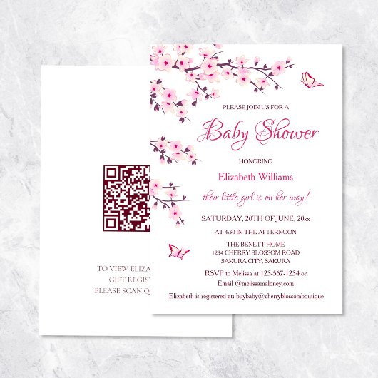 QR-Code | Cherry Blossom | Girl Baby Dusche Einladung