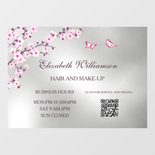 QR-Code | Cherry Blossom Pink Silver Salon Fensteraufkleber (Blatt)
