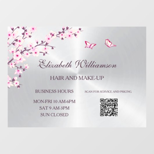 QR-Code | Cherry Blossom Pink Silver Salon Fensteraufkleber (Blatt)