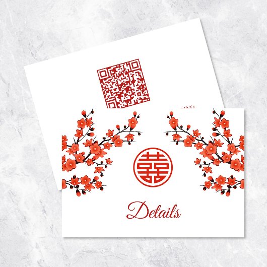 QR-Code | Cherry Blossom Red White Chinese Wedding Begleitkarte