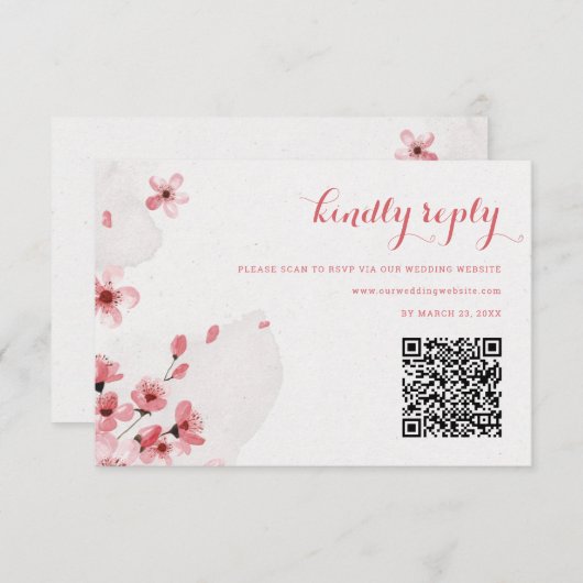 QR Code Cherry Blossom Wedding RSVP Karte (Vorne/Hinten)