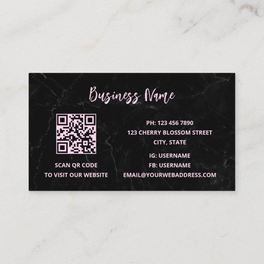 QR Code | Cherry Blossoms Pink Black Marble Visitenkarte (Rückseite)