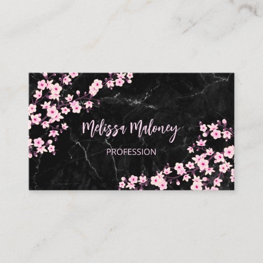 QR Code | Cherry Blossoms Pink Black Marble Visitenkarte (Vorderseite)