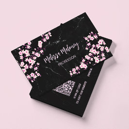 QR Code | Cherry Blossoms Pink Black Marble Visitenkarte