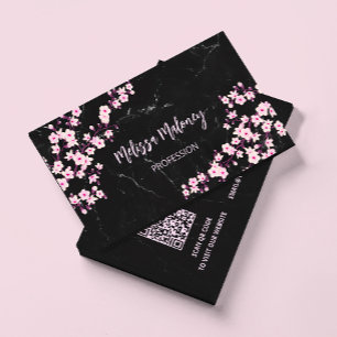 QR Code Cherry Blossoms Pink Black Marble Visitenkarte