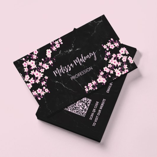 QR Code | Cherry Blossoms Pink Black Marble Visitenkarte