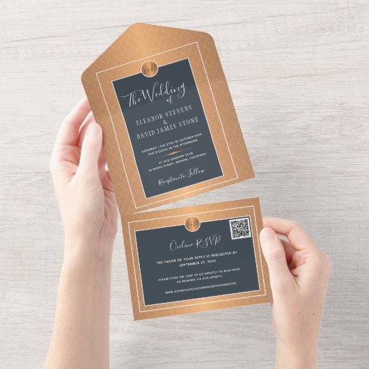 QR CODE Chic Marine Kupfergold Online-UAWG Hochzei All In One Einladung (Abreißen)