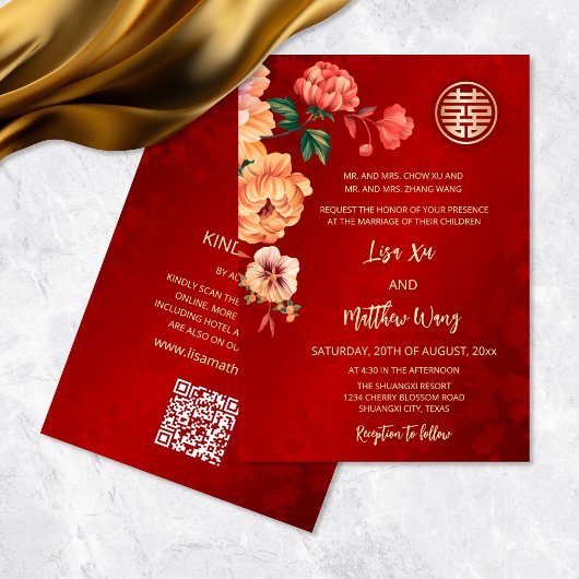 QR-Code | Chinesische Hochzeit mit Peony Einladung