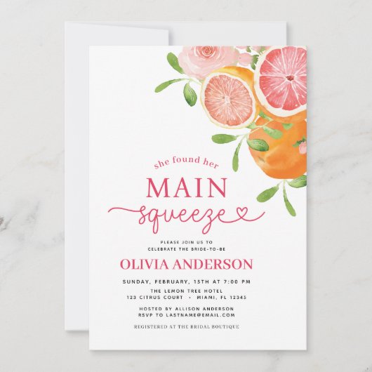 QR-Code Citrus Hauptpresse-Brautparty Einladung (Vorderseite)