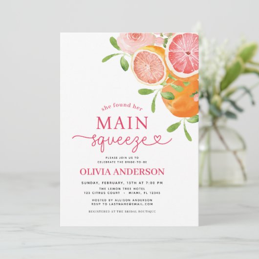 QR-Code Citrus Hauptpresse-Brautparty Einladung (Stehend Vorderseite)