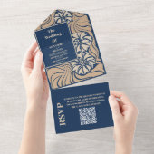 QR Code Classic Blue Art Nouveau Wedding All In One Einladung (Abreißen)