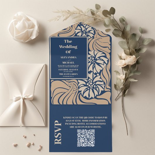 QR Code Classic Blue Art Nouveau Wedding All In One Einladung