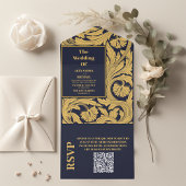 QR Code Classic Blue Art Nouveau Wedding All In One Einladung