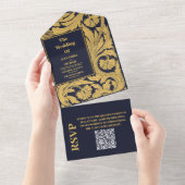 QR Code Classic Blue Art Nouveau Wedding All In One Einladung (Abreißen)