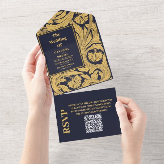 QR Code Classic Blue Art Nouveau Wedding All In One Einladung (Abreißen)