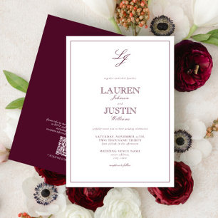 QR Code Classic Burgundy Script Monogram Wedding Einladung