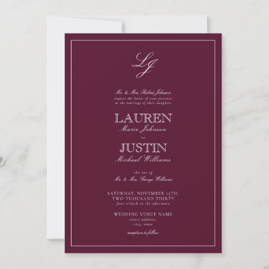QR Code Classic Burgundy Script Monogram Wedding I Einladung (Vorderseite)