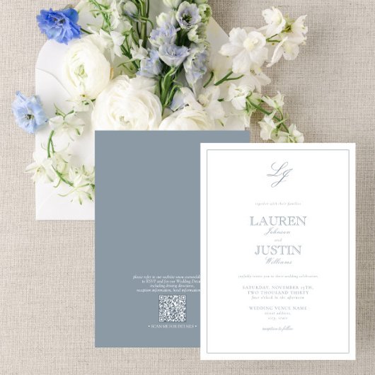 QR Code Classic Dusty Blue Script Monogram Wedding Einladung