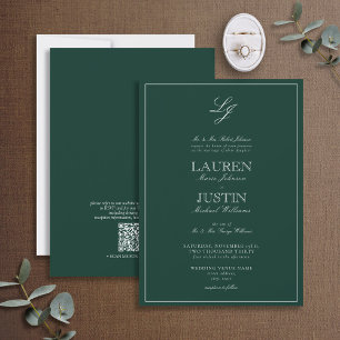QR Code Classic Emerald Green Monogram Wedding Einladung