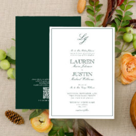 QR Code Classic Emerald Green Monogram Wedding Einladung
