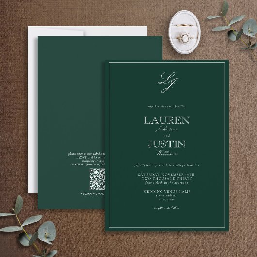 QR Code Classic Emerald Green Monogram Wedding Einladung