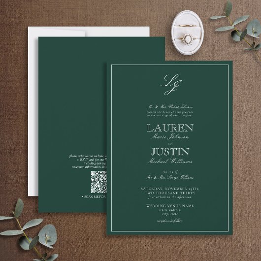 QR Code Classic Emerald Green Monogram Wedding Einladung