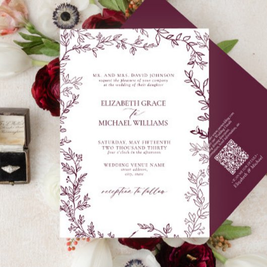 QR Code Classic Formal Burgundy Leafy Wedding Einladung