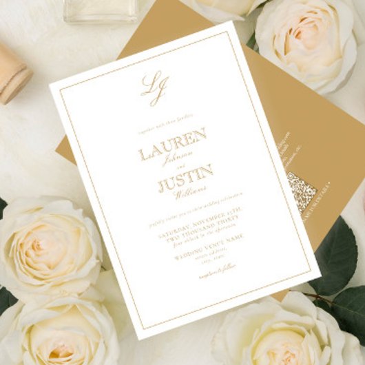 QR Code Classic Gold Script Monogram Wedding Einladung