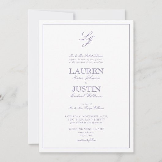 QR Code Classic Lavendel Script Monogram Wedding Einladung (Vorderseite)