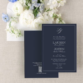 QR Code Classic Navy Blue Script Monogram Wedding Einladung