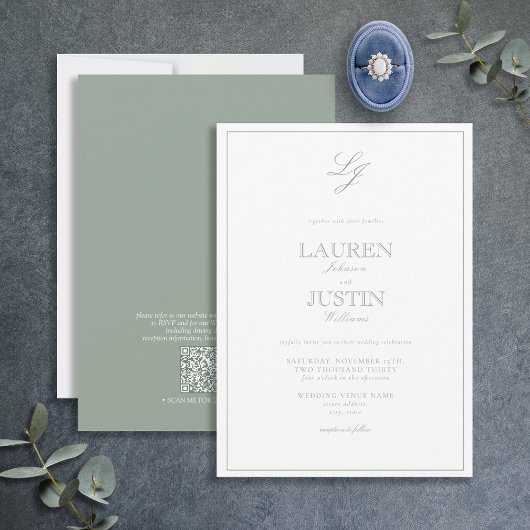 QR Code Classic Sage Green Monogram Wedding Einladung