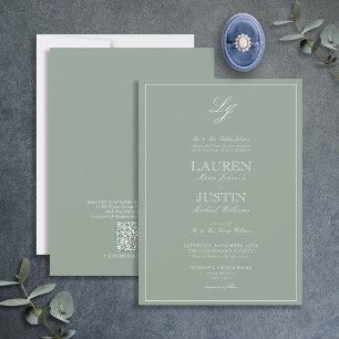 QR Code Classic Sage Green Script Monogram Wedding Einladung
