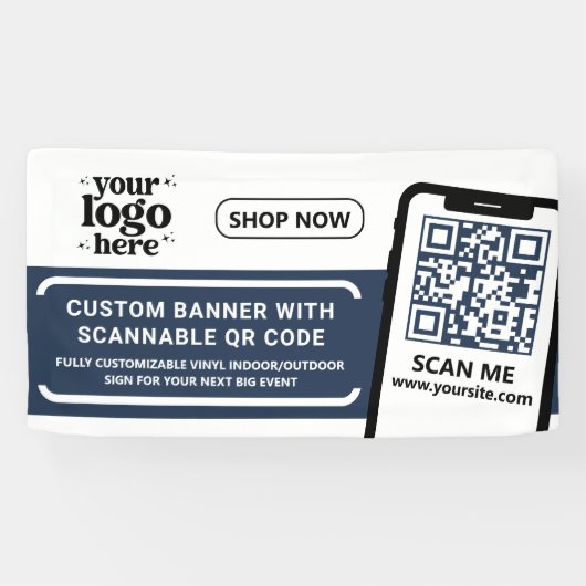 QR Code Company Logo Blue Indoor Vinyl Banner (Horizontal)