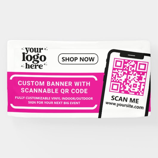 QR Code Company Logo Hot Pink Indoor Vinyl Banner (Horizontal)