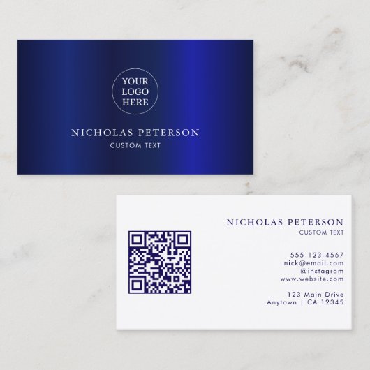 QR Code Company Logo Navy Blue Gradient Modern Visitenkarte (Vorne/Hinten)