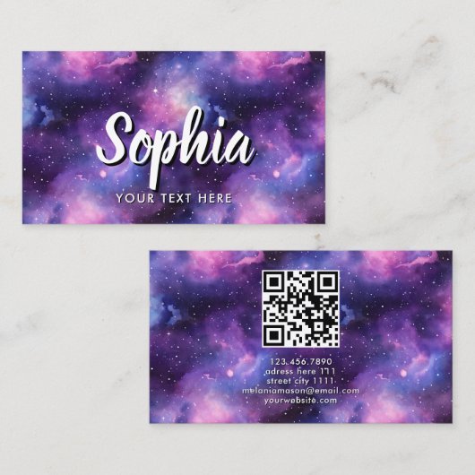 QR Code Cosmic Galaxy Stars Purple Nebula Visitenkarte (Vorne/Hinten)