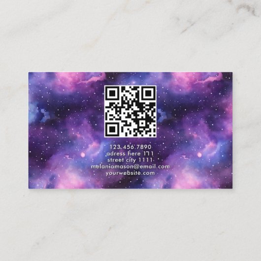 QR Code Cosmic Galaxy Stars Purple Nebula Visitenkarte (Rückseite)