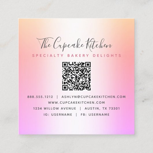 QR-Code Cupcake Bäckerei Koch Rosa Regenbogen Glit Quadratische Visitenkarte (Rückseite)