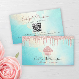 QR-Code Cupcake Pink Rose Glitzer Blue Watercolor Visitenkarte