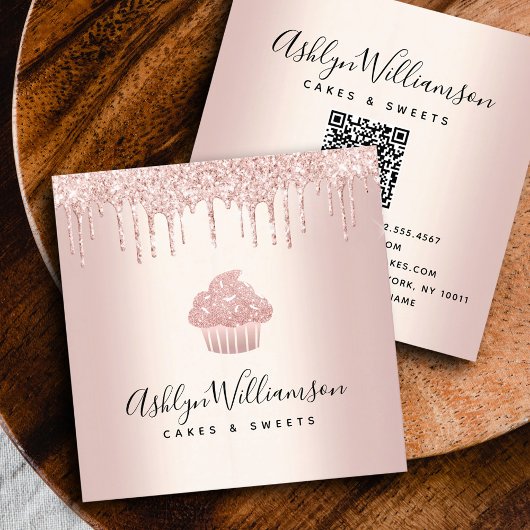 QR-Code Cupcake Rose Gold Baker Koch Glitzer Tropf Quadratische Visitenkarte