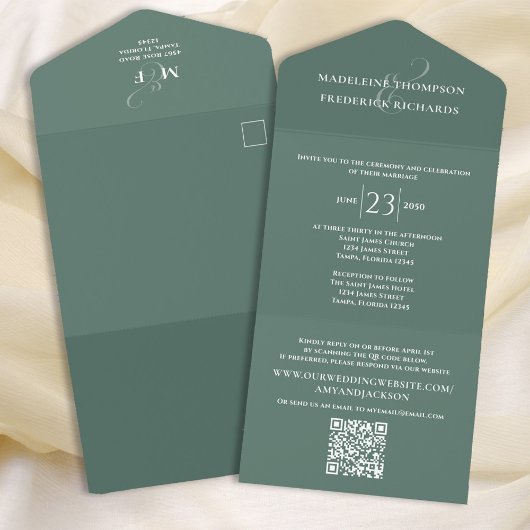 QR Code Custom Green Elegant Wedding All In One Einladung