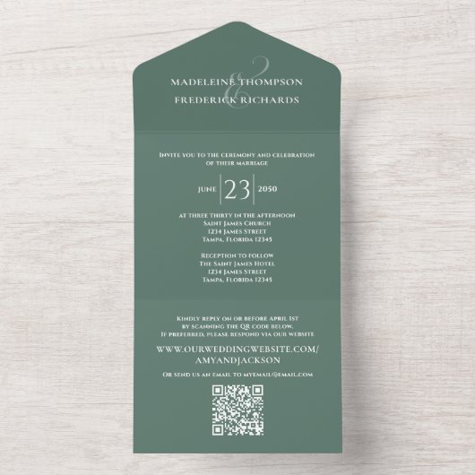 QR Code Custom Green Elegant Wedding All In One Einladung (Innen Boden)
