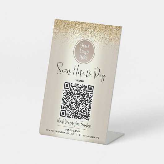 QR Code Custom Logo Gold Glitzer Scan Pay Hier Sockelschild (Vorderseite)