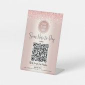 QR Code Custom Logo Pay Hier Rose Gold Glitzer Sockelschild (Vorderseite)