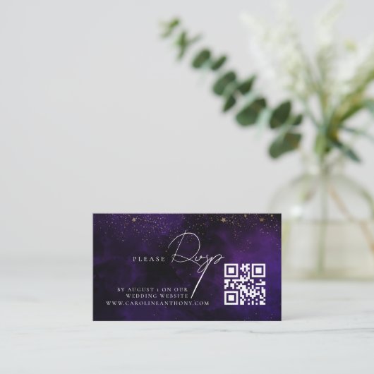 Qr Code Dark Lila Magical Gold Wedding RVSP Begleitkarte (Stehend Vorderseite)