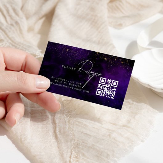 Qr Code Dark Lila Magical Gold Wedding RVSP Begleitkarte
